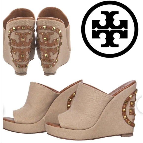 Tory Burch Shoes - Tory Burch Meredith Studded Logo Wedges Canvas Natural